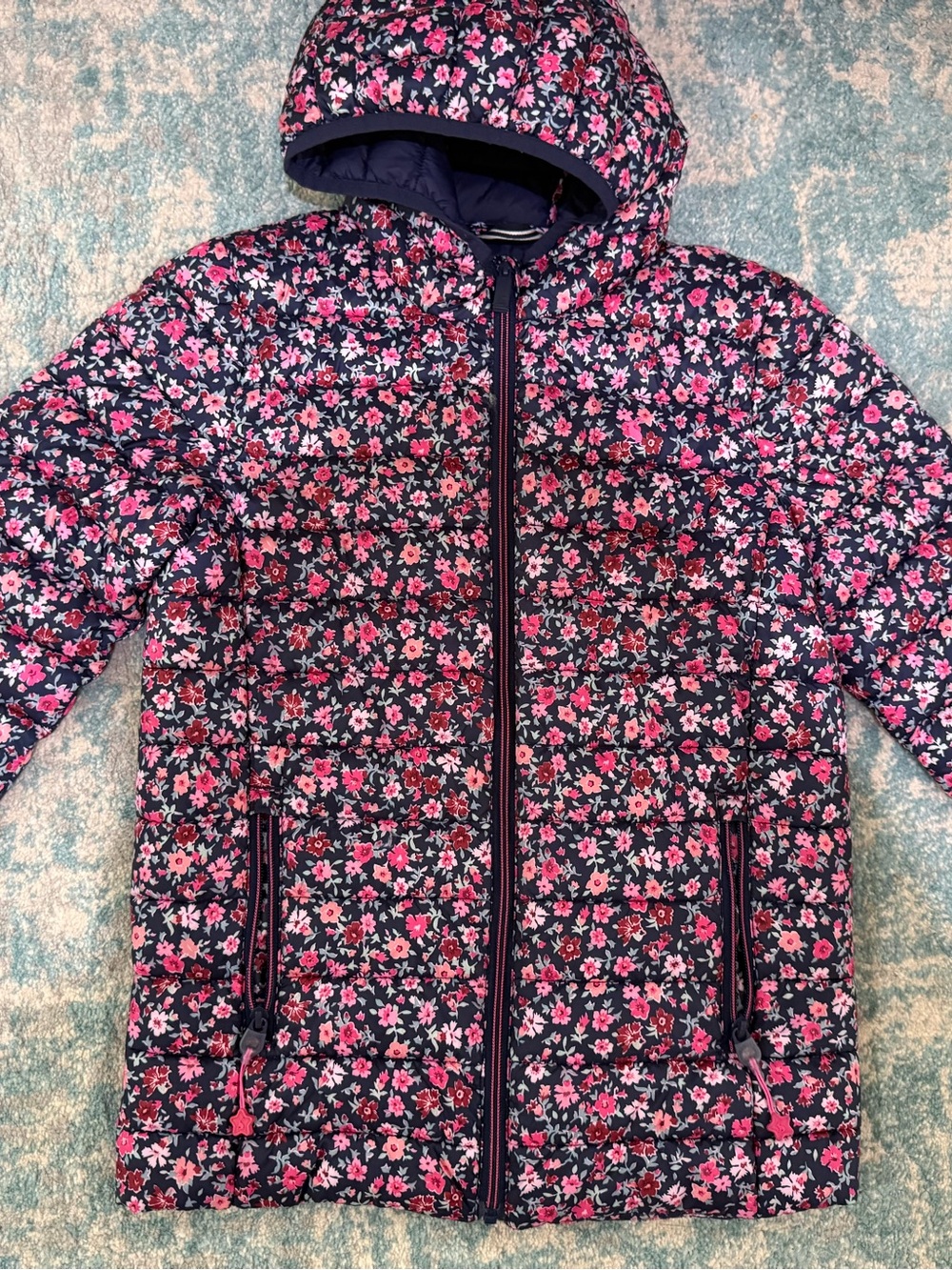Joules Pink/Navy Puffer Jacket with Pink Floral Print